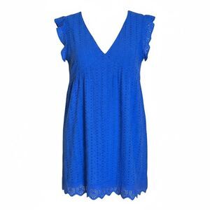 Eyelet Embroidered Ruffle Sleeve V-Neck Mini Romper Dress Royal Blue Size XXL